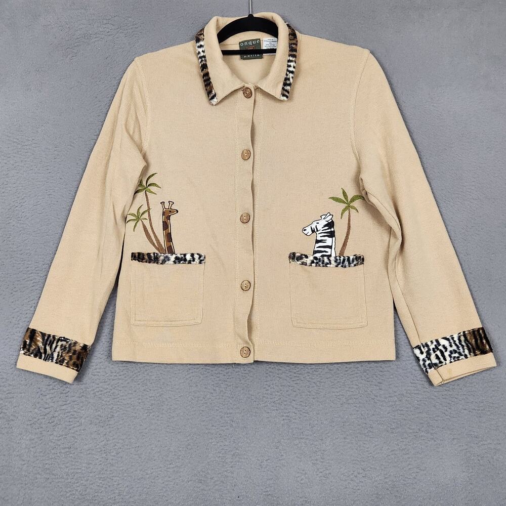 Onque Petite Cardigan Sweater Womens PS Beige Cotton Safari Animal Zebra Giraffe